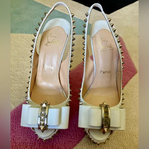 Christian Louboutin White Lady Clou 150 Spikes Studded Peep Toe Pumps Heels 37 - Picture 2 of 11
